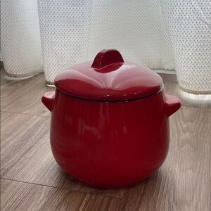 Glossy Red Ceramic Covered Pot with Handles